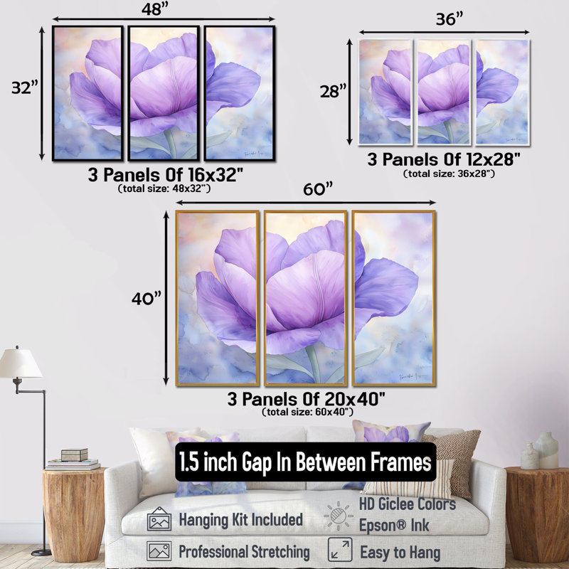 Fleur radieuse de tulipe mauve II - ensemble d'art mural tulipe, H 32 po x l 48 po, Reproduction avec cadre flottant, Blanc