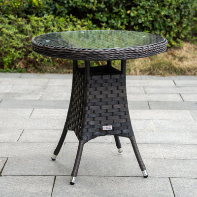 Outdoor Patio Dining Table With Wicker And Tempered Glass Top, Aluminum Frame, All-Weather UV-Resistant, Modern Outdoor Gathering Table