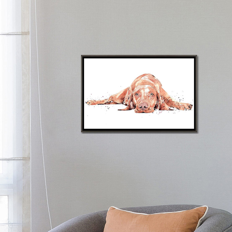 Vizsla Flat Out par EdsWatercolours - Imprimé, Toile encadrée de bois rustique foncé, Pas de tapis