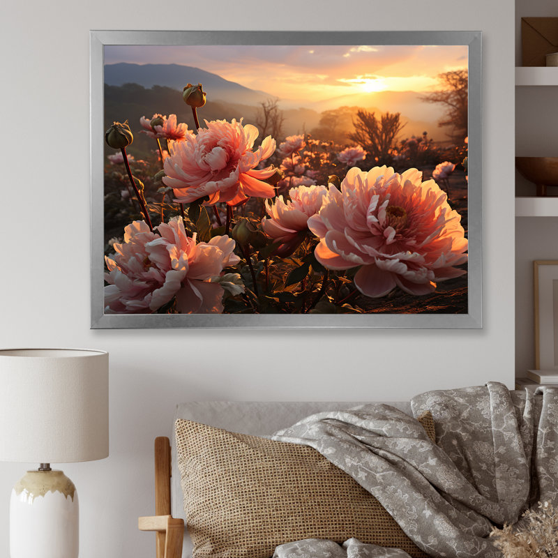 Champ de pivoines radieuses au lever du soleil, H 34 po x l 44 po x P 1,5 po, Cadre photo argenté