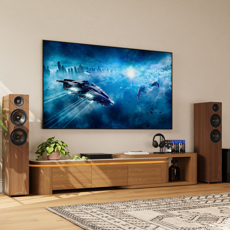 Meuble télé 78,75 po –106,3 po de style Mid-Century avec lumières DEL, console média avec plateau en travertin mat, console de couleur noyer et blanche avec rangement