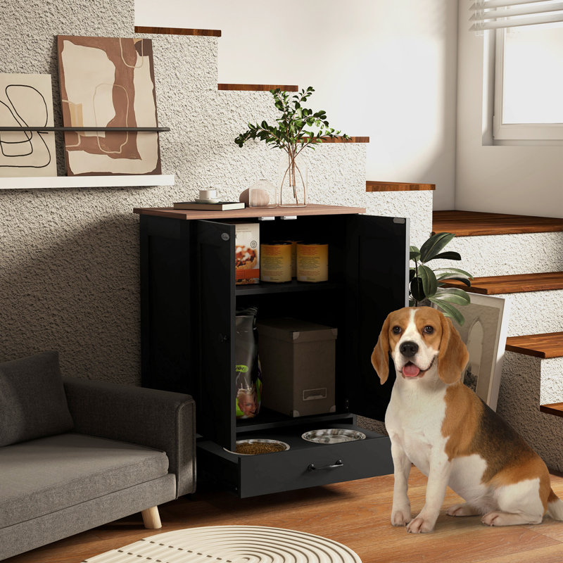 Station d'alimentation pour chien, armoire de rangement pour nourriture pour chien avec bols cachés pour chien, panneau réglable, crochets pour chiens de taille moyenne, noir