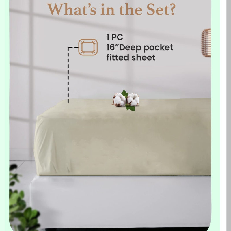 Luxury Cotton Queen Fitted Sheet - Soft 800 TC Ivory Bed Sheet with 16" Deep Pocket - Snug Fit Sheet with Head/Foot Tags - Premium Quality Queen Fitted Sheet