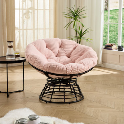 Comfortable 360 Swivel Chair With Soft Thick Pink Cushion, Brown Frame And Powder Coated Finish, For Living Room Steel Corduroy Fabric, Reading