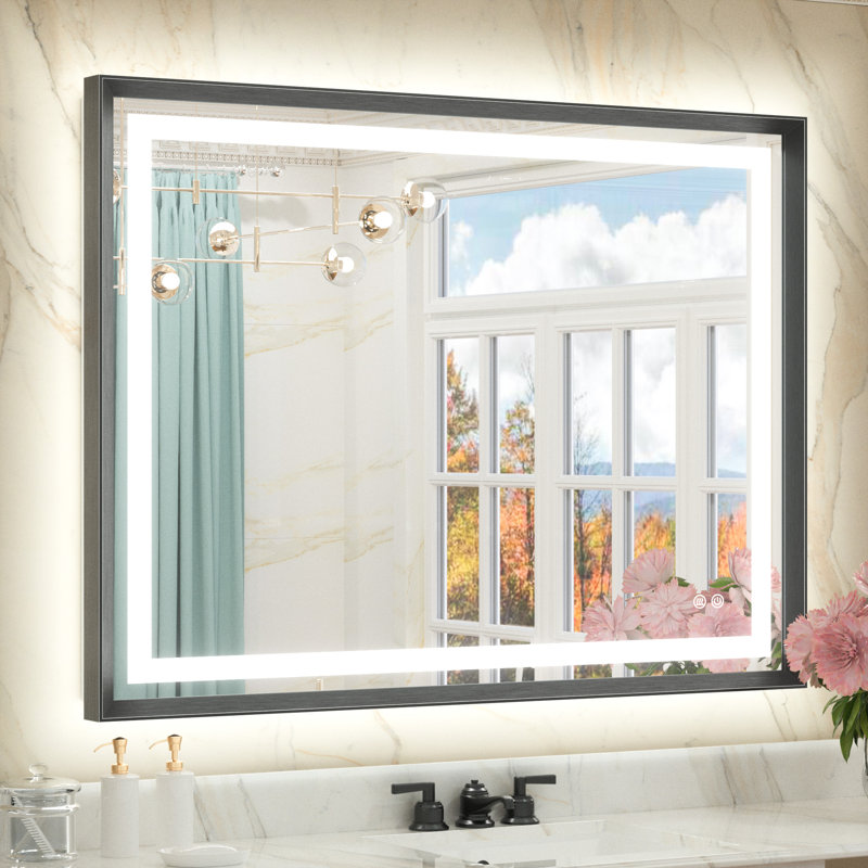Dineen Front and Backlit LED Bathroom Vanity Mirror, 40" x 32", Dark Gray
