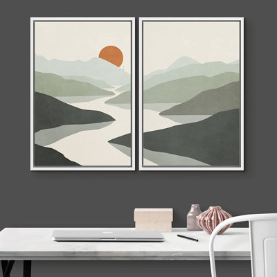 Mid Mid Century Modern Boho IDEA4WALL, reproduction d'art sur toile encadrée, aquarelle pastel verte, vallée de montagne et soleil, formes abstraites, illustrations, paysage, nature, salon, chambre à coucher, bureau
