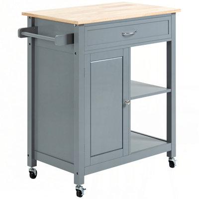 HOMCOM Kitchen Island Cart, Rolling Kitchen Island with Storage Shelf, Solid Wood Top, Drawer, for Dining Room, Gray