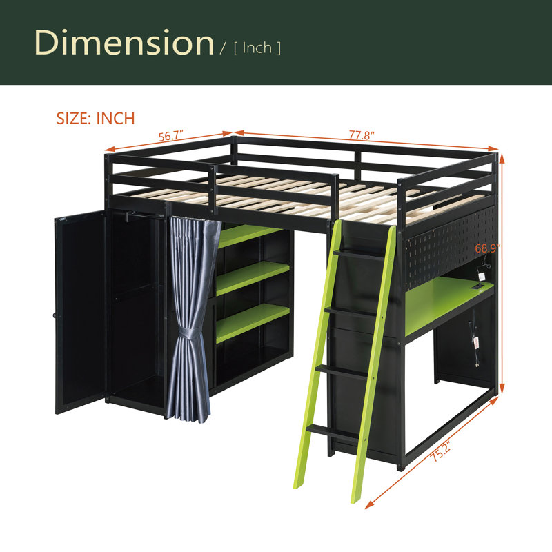 Lit mezzanine en bois pleine grandeur avec garde-robe, tablettes, rideaux occultants et lumières RVB