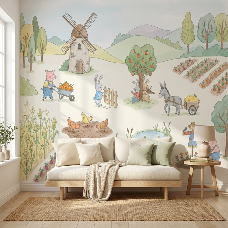 Murale campagne animalière fantaisiste, 100 po x 96 po, Peler et coller