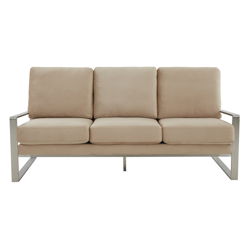 Canapé 3 places en velours Gratiano avec base en acier inoxydable argenté Gratiano, Velours beige