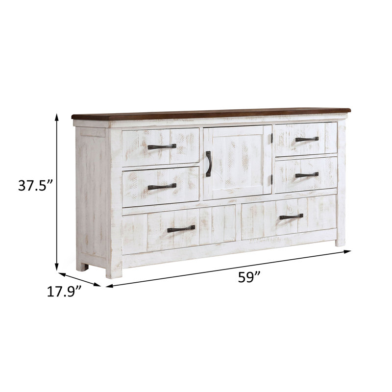 Commode 6 tiroirs l 59 po blanc vieilli