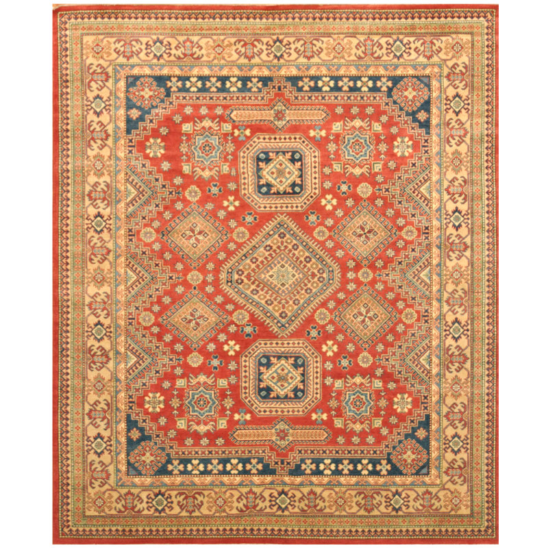 Tapis unique en laine noué à la main brun / beige / bleu Kazak de 8 pi 3 po x 9 pi 10 po Jevon
