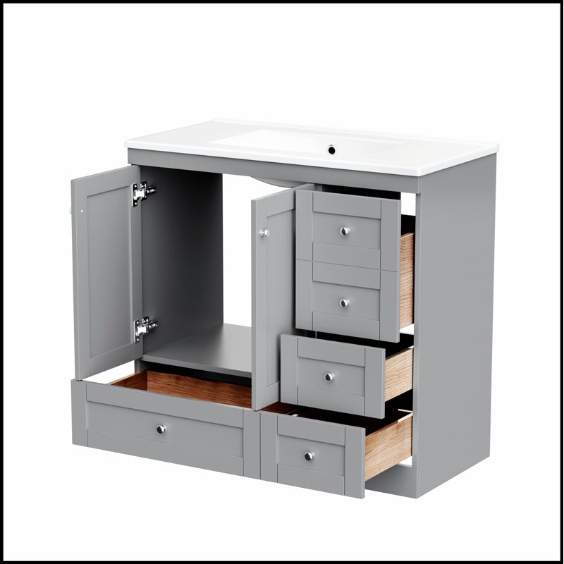 Meuble-lavabo autoportant de 36 po de style Shaker avec lavabo en céramique, tiroirs à fermeture en douceur et portes pour salles de bain modernes