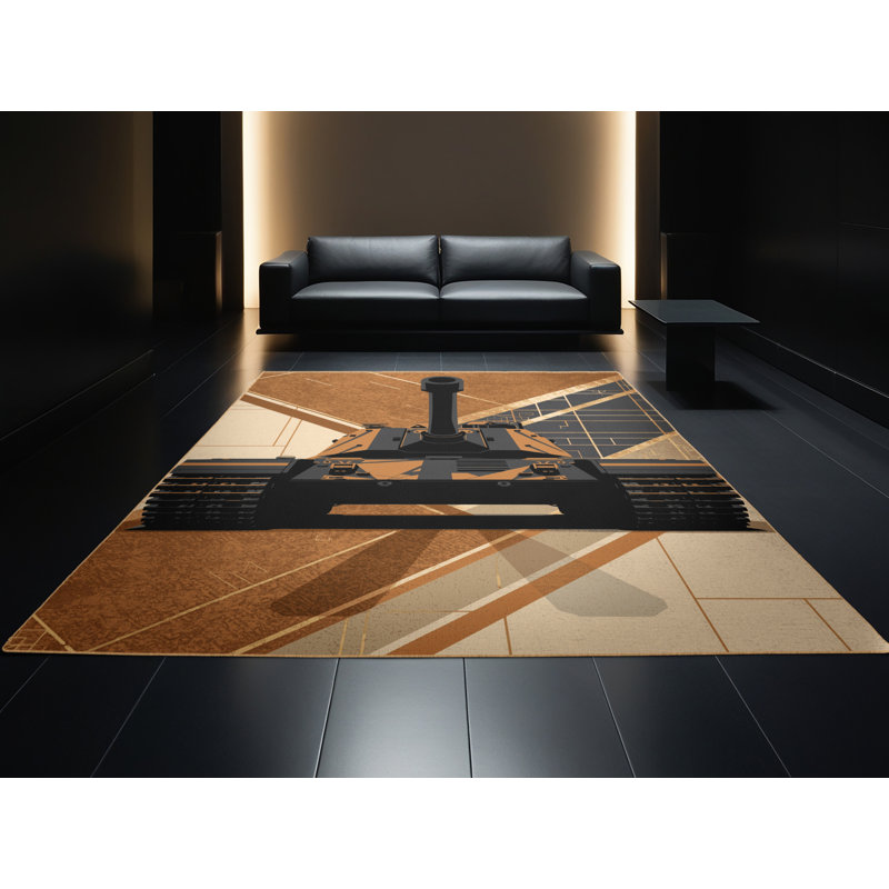 Machine Washable Vehicles And Transportation Howitzer Artillery Vehicle Industrial Geometric Rug in Brown – LightBrown Binding