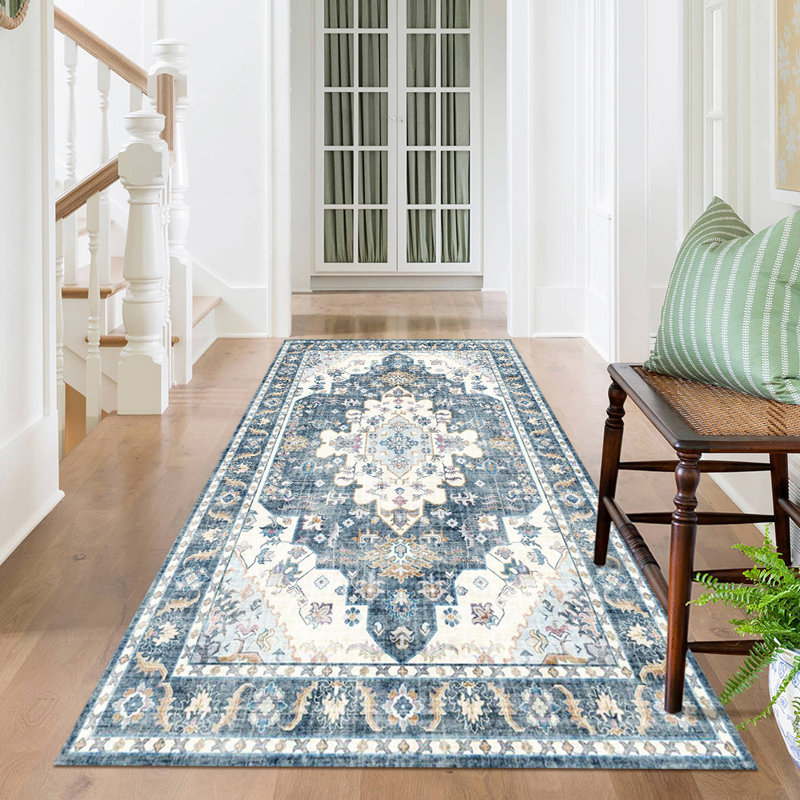 Vintage Persian Area Rug, Blue Floral Indoor Outdoor Carpet, Washable Durable Rug for Living Room, Dining Room, Hallway, Entryway, Farmhouse Decor