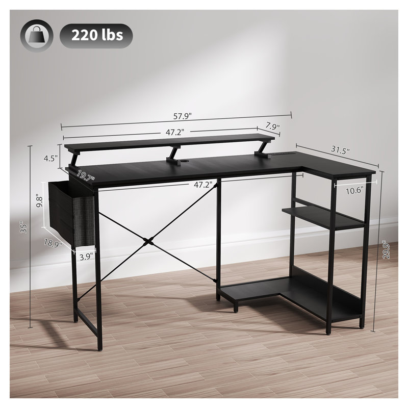 Reversible L-Shaped Corner Computer Desk with Built-In Charging Station, Black Office Workstation