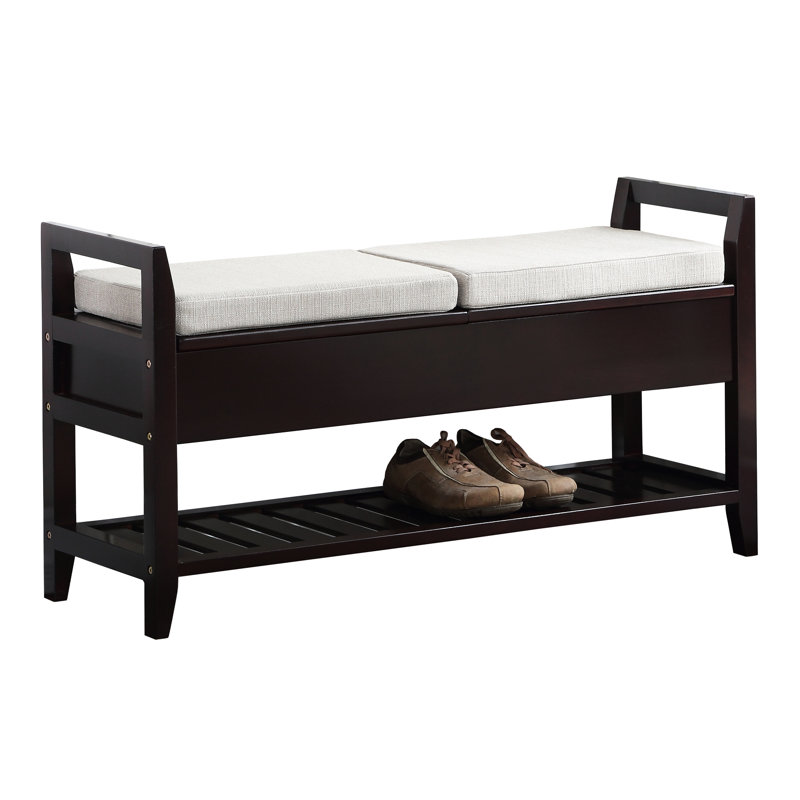 Shoe Bench With Beige Upholstered Seat And Storage In Cushioned