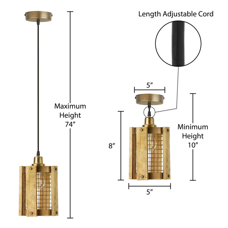 5"W Brushed Gold Metal Pendant Light with Wood Shade