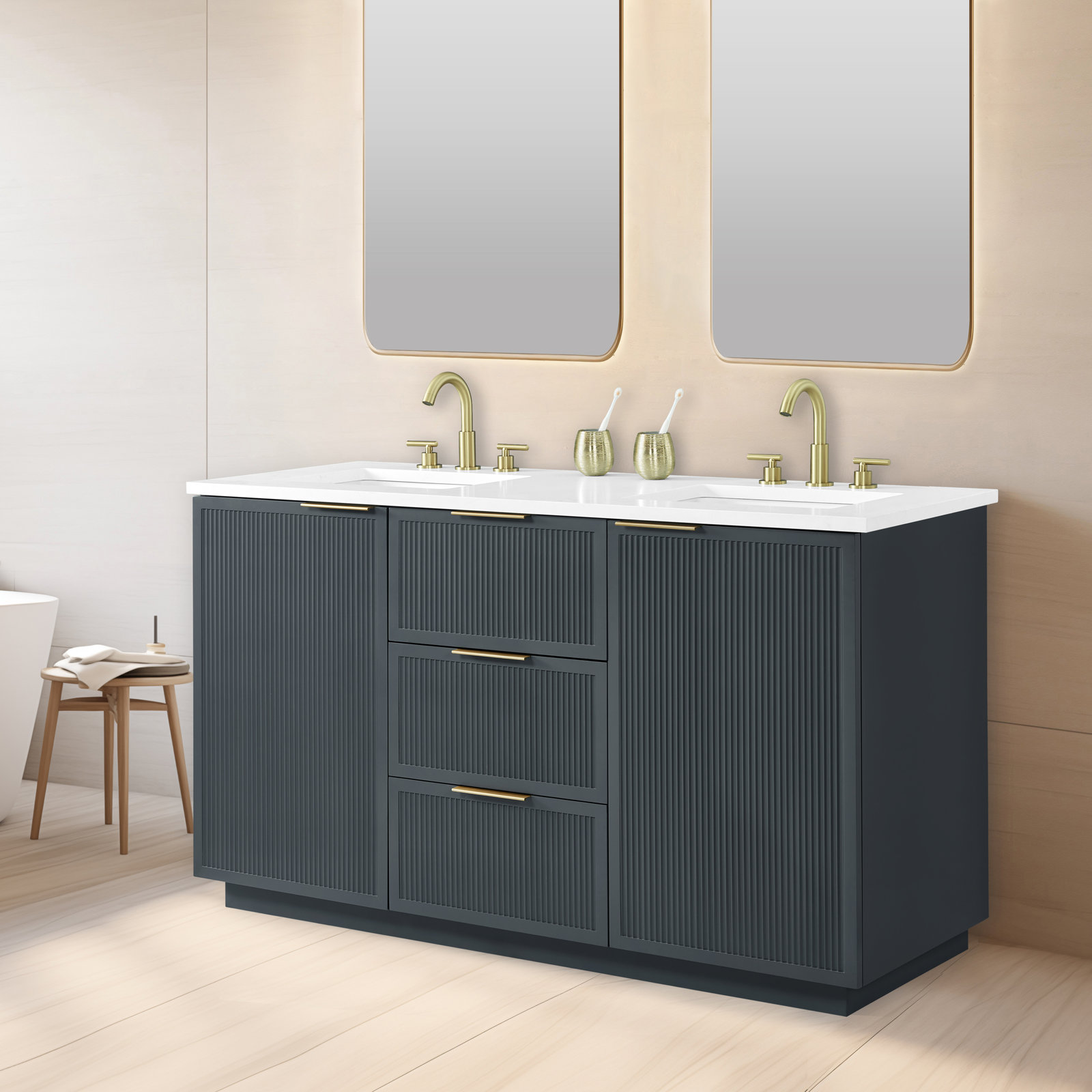 Aderyn 60" Pine Double Bathroom Vanity, Vintage Blue/Brushed Bronze