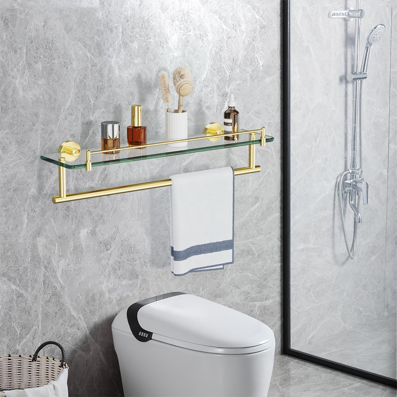 Étagère de salle de bain flottante en verre trempé 20 pouces avec barre à serviettes, Brushed Gold
