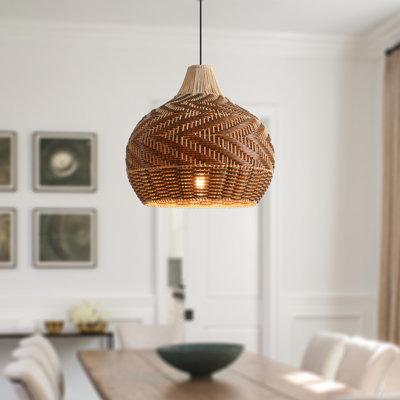 19" Boho Handwoven Natural Bamboo Dimmable 1-Light Pendant Light, Woven Coastal Single-Light Ceiling Lamp