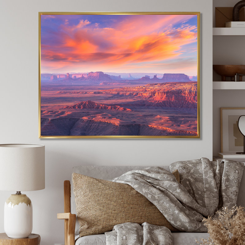 Monument Valley Sunset - paysages, reproduction sur toile, Cadre flottant doré, H 12 po x l 20 po x P 1 po