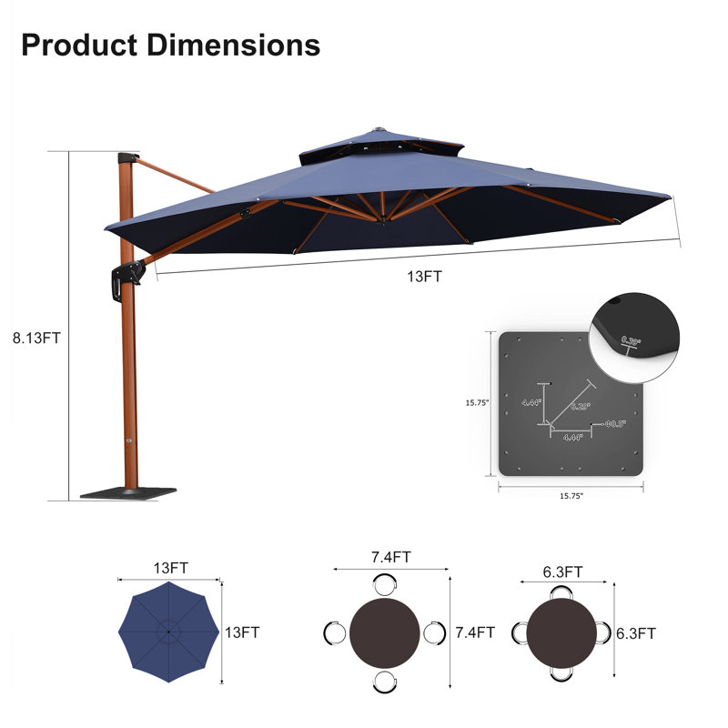 Parasol en porte-à-faux rond en bois 13 pi avec base en tôle d'acier, bleu marine, L 156 po x P 156 po, Marine
