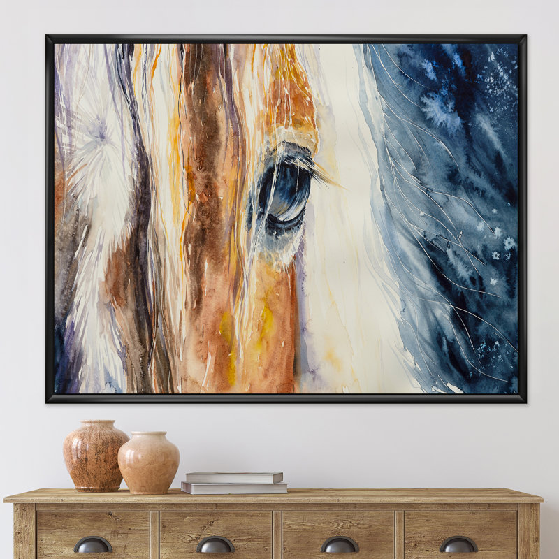 Gros plan sur un magnifique œil de cheval I - peinture sur toile, H 30 po x l 40 po x p 1 po, Toile avec cadre noir
