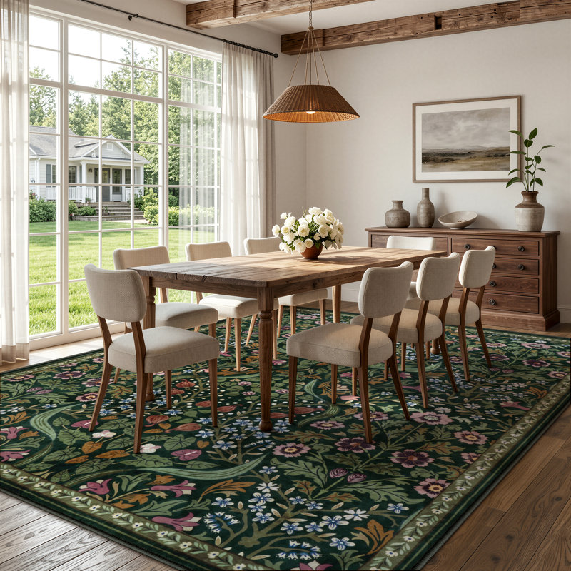 Tapis lavable à motif floral Kaldi, Vert, Rectangle 9 pi x 12 pi