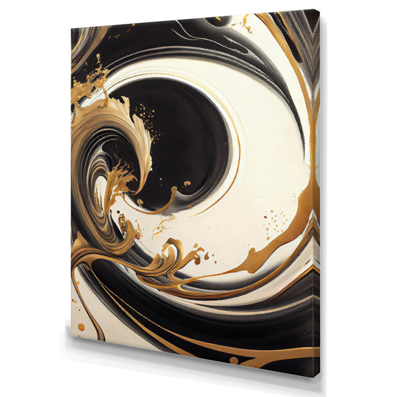 «Black and Gold Swirl V» - Art mural moderne sur toile, H 32 po x l 16 po x P 1 po, Toile tendue