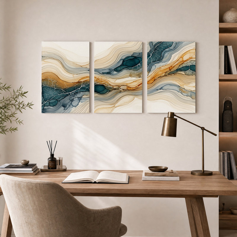 Ensemble de 3 toiles murales abstraites représentant des vagues fluides dans les tons turquoise et beige, 30"H x 20"W x 3pcs