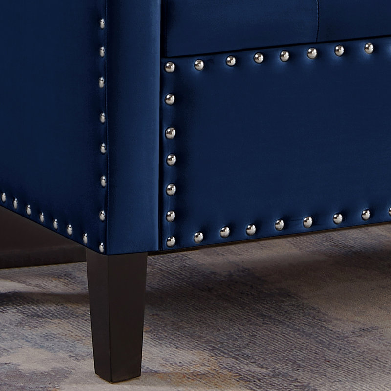 Banc de rangement rembourré capitonné à boutons avec garniture cloutée, siège de salon d'entrée rembourré avec accoudoirs, banc de lit - bleu marine