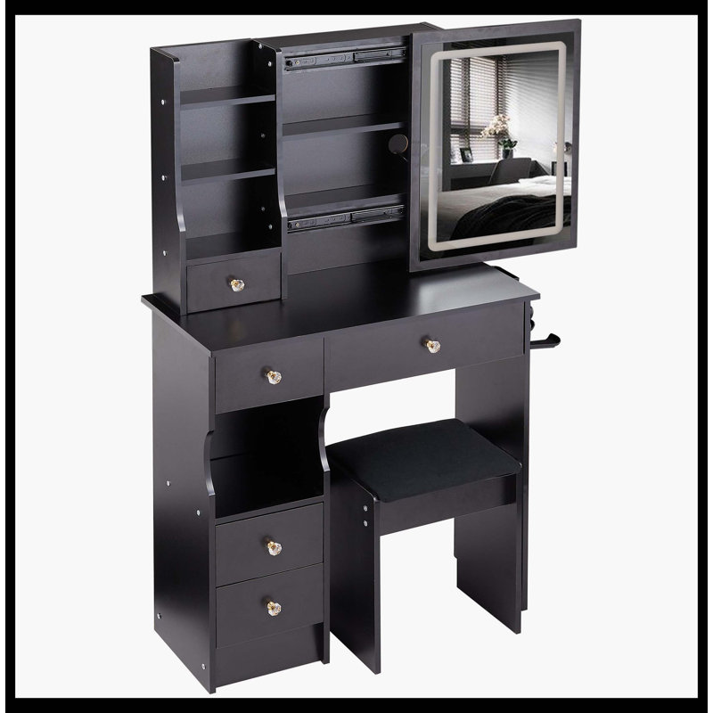 29.2" Small Size Left Drawer Desktop Vanity Table + Cushioned Stool, 2 AC+2 USB Power Station, Hair Dryer Bracket, Extra Large Touch Control Sliding LED Mirror, Tri-Color Switching, Brightness Adjust
