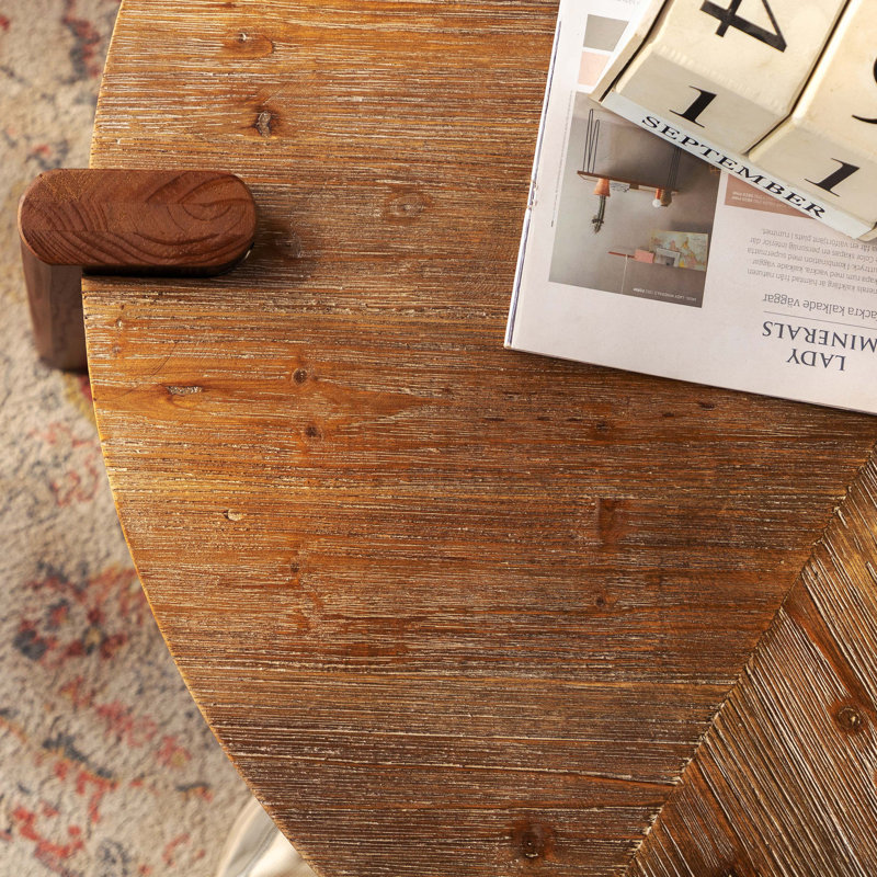 Table basse ronde à chevrons 36,61 po, conception en bois massif rustique et panneau de fibres à densité moyenne avec pieds fuselés, finition naturelle vieillie pour le salon