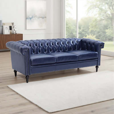 Elaiza 84.65" Chesterfield Sofa Faux Leather Three Seater Sofa with Rolled Arm