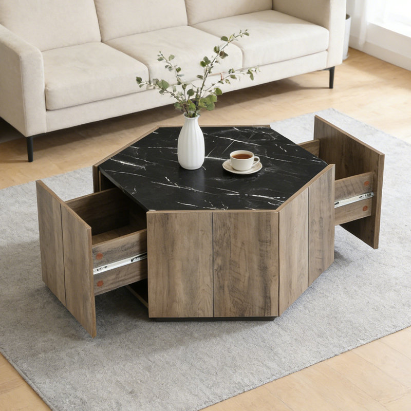 Coffee Table with 2 Hidden Drawers, Black Top/Light Brown Base