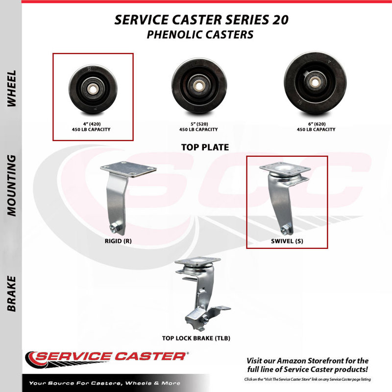 4 Inch Phenolic Caster Set with Ball Bearings 2 Swivel 2 Rigid SCC