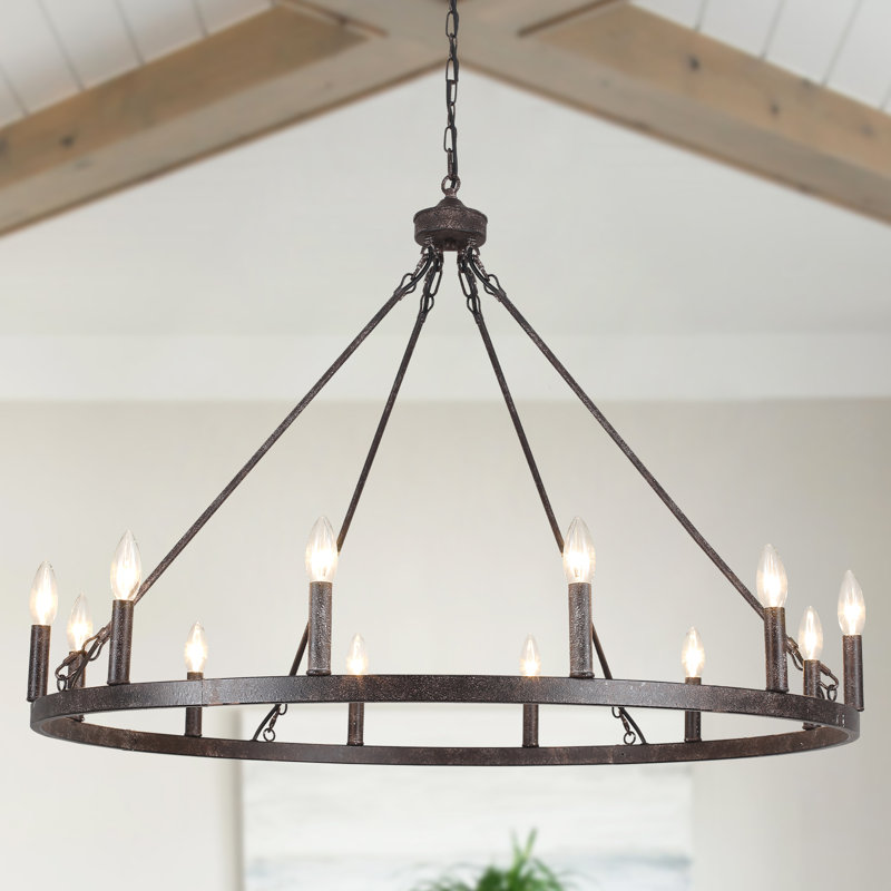 Moomal 12 - Light Wagon Wheel Wagon Wheel Chandelier with No Secondary or Accent Material, Antique Distressed Black