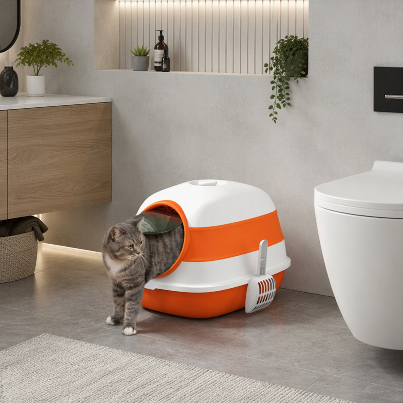 Foldable Cat Litter Box with Lid, Orange