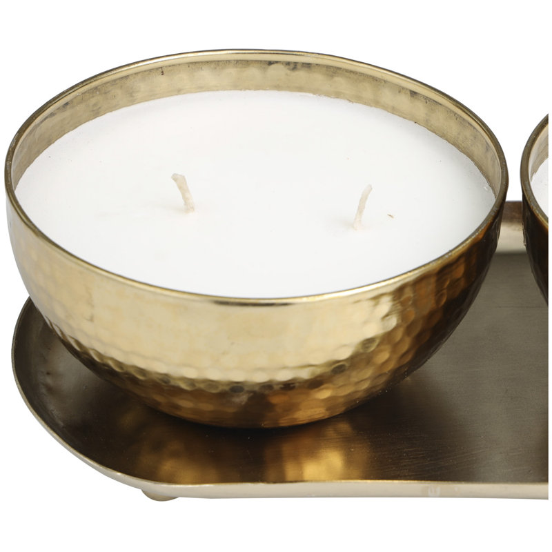 Metal Tropical Breeze Scented Hammered 12 oz 2 Wick Decorative Candle with White Wax Set, 3.3" H x 10.25" W x 5.3" D, Gold