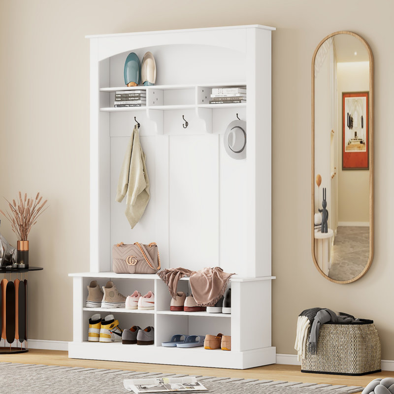 Arbre d'entrée de 47,2 po de largeur avec banc et rangement pour chaussures, rangement multifonctionnel pour hall d'entrée avec 3 crochets et tablette réglable