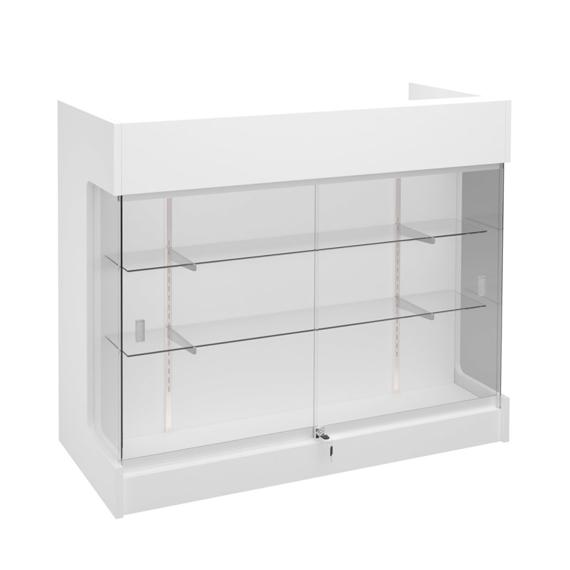 L 48 po x P 22 po x H 42 po - Comptoir de vente au détail avec tablettes réglables en verre, verre trempé, panneau de particules stratifié blanc, tiroirs verrouillables