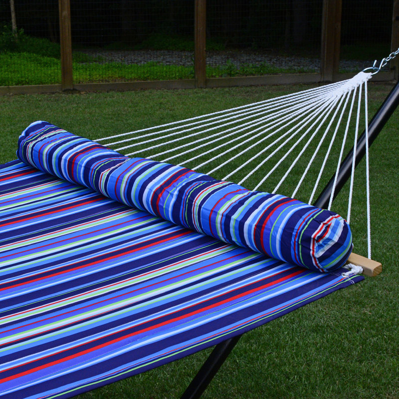 13' Blue and Green Striped Quilted Hammock with Pillow