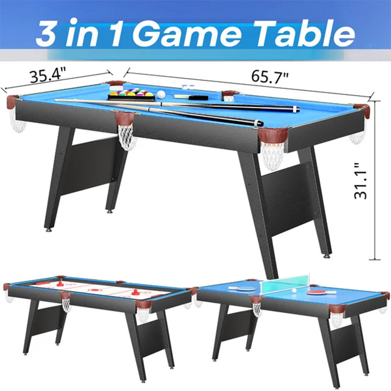 3 in 1 Billiard Table, 65.75" Multi Game Table Includes Billiard Accessories and Tennis Paddles, Blue