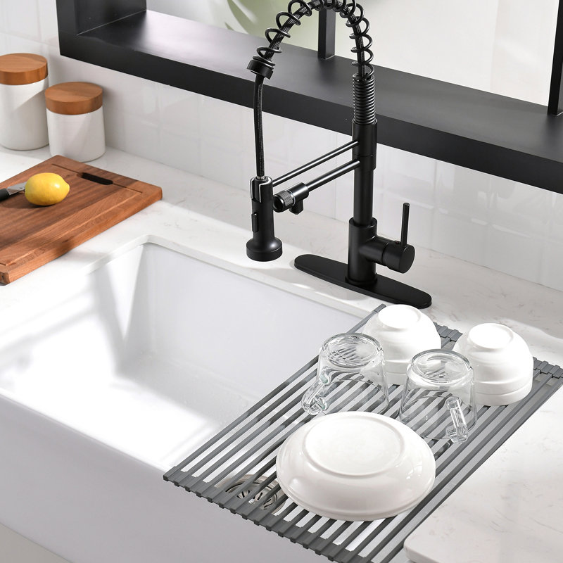 Robinet d'évier de cuisine à filtre rétractable noir mat avec grille de séchage pour vaisselle, robinet à 3 voies, tête de pulvérisation à double fonction à poignée unique, tête contemporaine en laiton massif 44