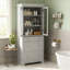 Armoire de salle de bain haute autoportante moderne avec rangement élégant avec 2 tablettes réglables, 3 tiroirs et portes en verre à fermeture en douceur-1114313540