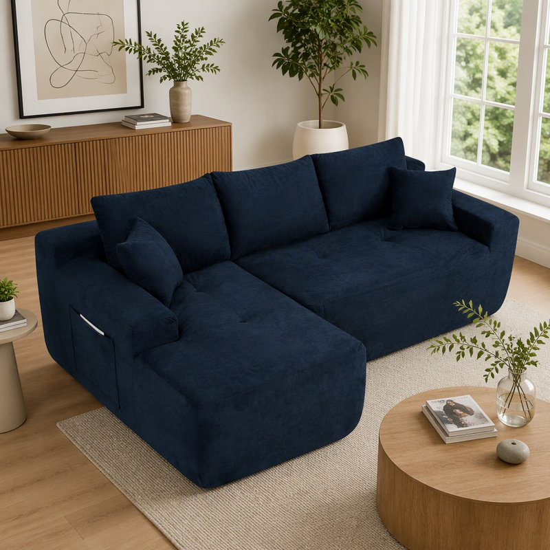 Canapé d'angle modulaire moderne Cloud de 85 pouces avec méridienne en L et assise profonde, revêtement en coton et lin pour salon et chambre, aucun assemblage requis
