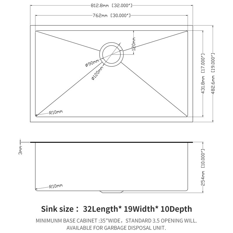 Évier 32 po x 19 po en acier inoxydable noir, 10 cuves simples très profondes, avec surface facile pour l'hygiène sous le comptoir, support pliable pour cuve de calibre 16
