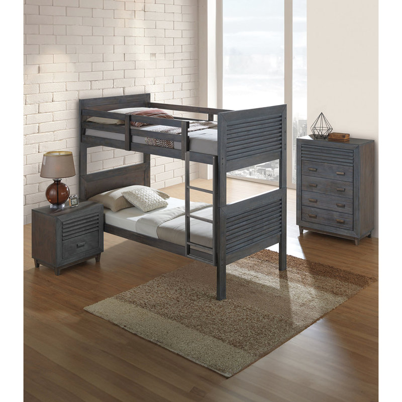 Lit simple superposé au-dessus de style transitionnel avec structure réversible en bois massif brun anthracite, conception à lattes, tête de lit à panneau et convertible pour chambre à coucher