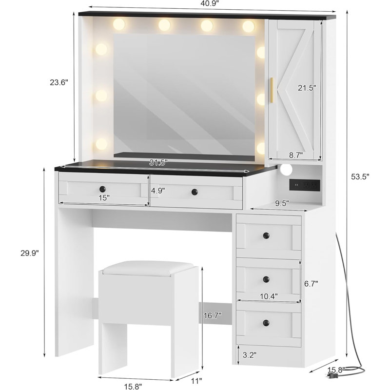 Ensemble de tabouret de maquillage, petit bureau avec miroir éclairé, station de charge, tiroirs Lindsborg, Blanc